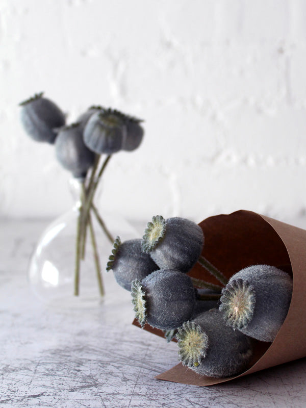 Faux Grey Blue Poppy Heads